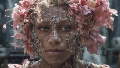 1girl,solo,looking at viewer,short hair,blonde hair,brown hair,hair ornament,brown eyes,jewelry,closed mouth,braid,flower,hair flower,dark skin,water,mole,blurry,dark-skinned female,lips,eyelashes,depth of field,blurry background,portrait,close-up,pink flower,freckles,realistic,nose,straight-on,very dark skin