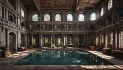 day,indoors,water,no humans,window,sunlight,plant,scenery,reflection,light rays,stairs,door,candle,architecture,sunbeam,ruins,pillar,hallway,church,arch,column,book,table,wooden floor,fantasy,potted plant,reflective floor