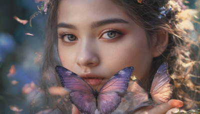 1girl, solo, long hair, looking at viewer, brown hair, hair ornament, brown eyes, flower, hand up, blurry, lips, eyelashes, depth of field, blurry background, bug, butterfly, portrait, close-up, realistic, nose