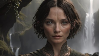 1girl,solo,looking at viewer,short hair,brown hair,black hair,jewelry,closed mouth,earrings,outdoors,water,necklace,blurry,lips,grey eyes,blurry background,portrait,freckles,realistic,nose,fantasy,waterfall,bangs,green eyes,eyelashes,depth of field,scar,piercing,close-up