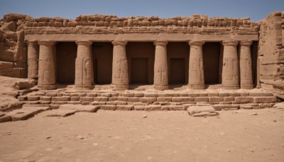 monochrome,outdoors,sky,day,blue sky,no humans,building,scenery,sand,ruins,sepia,pillar,desert,rock,architecture,arch,stone,column