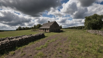 outdoors,sky,day,cloud,tree,blue sky,no humans,cloudy sky,grass,building,nature,scenery,forest,rock,mountain,road,wall,field,house,landscape,path,sunlight,stone wall