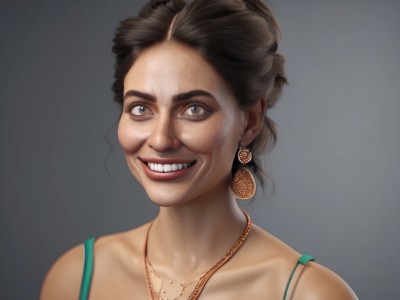 1girl,solo,looking at viewer,smile,short hair,simple background,brown hair,black hair,jewelry,collarbone,earrings,teeth,grey background,necklace,grin,lips,gradient,grey eyes,gradient background,portrait,freckles,realistic,nose,bra strap,real life insert,old woman,open mouth,1boy,brown eyes,male focus