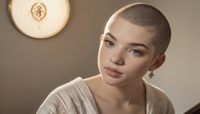 1girl,solo,looking at viewer,short hair,brown hair,shirt,1boy,jewelry,white shirt,upper body,male focus,earrings,star (symbol),lips,grey eyes,portrait,freckles,realistic,very short hair,buzz cut,smile,closed mouth,eyelashes,brown background,nose