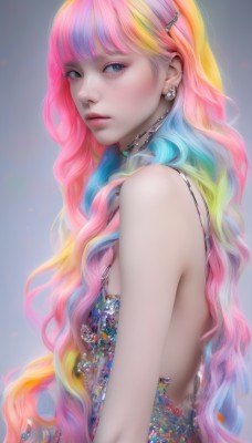 1girl,solo,long hair,breasts,looking at viewer,bangs,blue eyes,blonde hair,simple background,hair ornament,dress,bare shoulders,jewelry,very long hair,closed mouth,blue hair,upper body,pink hair,multicolored hair,earrings,sleeveless,choker,hairclip,necklace,from side,two-tone hair,lips,gradient,gradient background,eyelashes,gradient hair,makeup,wavy hair,piercing,gem,pink lips,backless outfit,realistic,nose,backless dress,rainbow hair,artist name,looking to the side,watermark,ear piercing,colorful,pearl (gemstone)