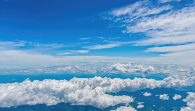 monochrome,outdoors,sky,day,cloud,water,blue sky,no humans,ocean,cloudy sky,nature,scenery,blue theme,horizon,landscape,above clouds