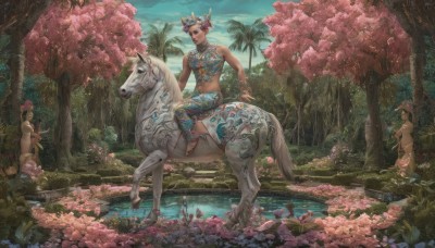 1girl,solo,short hair,hair ornament,navel,jewelry,sitting,flower,outdoors,sky,day,midriff,hair flower,water,necklace,tree,animal,cherry blossoms,nature,scenery,forest,realistic,fantasy,riding,horse,unicorn,breasts,multiple girls,brown hair,barefoot,cloud,bracelet,blue sky,river,taur,lotus,horseback riding,centaur