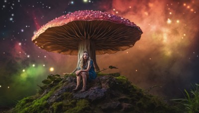 1girl,solo,long hair,brown hair,dress,sitting,closed eyes,outdoors,barefoot,tree,night,blue dress,grass,star (sky),nature,scenery,light particles,rock,mushroom,soaking feet,moss,fireflies,blue eyes,blonde hair,pink hair,sky,water,plant,starry sky,realistic