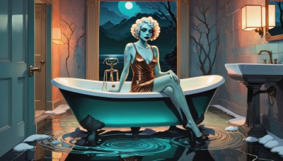 1girl,solo,breasts,looking at viewer,short hair,blue eyes,blonde hair,dress,cleavage,bare shoulders,medium breasts,sitting,white hair,sky,barefoot,indoors,water,tree,bare legs,window,night,colored skin,moon,crossed legs,full moon,reflection,curly hair,mirror,blue skin,door,candle,bathing,bath,bathroom,hand on own knee,ripples,bathtub,bare tree,open door,full body,black footwear,high heels,makeup,lipstick,grey skin,sink,faucet