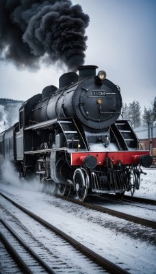 1boy,outdoors,sky,day,cloud,tree,military,no humans,ground vehicle,motor vehicle,snow,smoke,military vehicle,tank,winter,vehicle focus,train,caterpillar tracks,world war ii,railroad tracks,scenery,truck