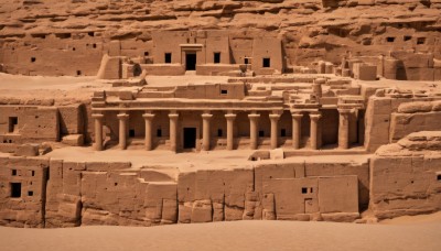 monochrome,outdoors,sky,no humans,window,building,scenery,sand,ruins,house,sepia,brown theme,architecture,bridge,desert,arch