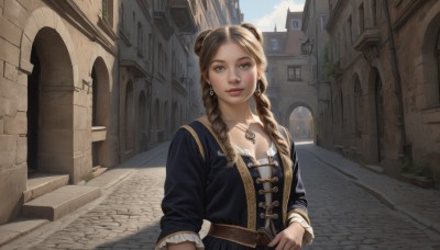 1girl,solo,long hair,breasts,looking at viewer,bangs,blonde hair,brown hair,long sleeves,dress,cleavage,brown eyes,jewelry,upper body,braid,earrings,outdoors,parted lips,sky,day,belt,necklace,hair bun,twin braids,lips,double bun,sunlight,building,scenery,hair over shoulder,pendant,city,realistic,nose,road,street,arch,pavement,smile,blue eyes,medium breasts,teeth