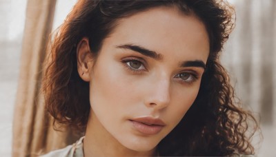 1girl,solo,long hair,looking at viewer,brown hair,shirt,black hair,brown eyes,white shirt,parted lips,medium hair,blurry,lips,dutch angle,eyelashes,depth of field,blurry background,wavy hair,portrait,close-up,freckles,curly hair,realistic,nose,closed mouth,expressionless,thick eyebrows