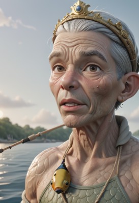 1girl,solo,looking at viewer,1boy,brown eyes,jewelry,collarbone,upper body,white hair,grey hair,male focus,earrings,outdoors,parted lips,sky,teeth,day,cloud,water,necklace,armor,blurry,lips,blurry background,crown,portrait,fish,realistic,nose,old,old man,fishing rod,old woman,wrinkled skin,short hair,artist name,tattoo,facial hair,bird,ocean,animal,scales