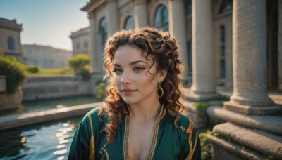 1girl,solo,long hair,breasts,smile,blue eyes,brown hair,dress,cleavage,jewelry,medium breasts,upper body,earrings,outdoors,parted lips,day,artist name,water,blurry,lips,looking to the side,depth of field,blurry background,wavy hair,looking away,building,curly hair,green dress,realistic,nose,river,lake,looking at viewer,brown eyes,sky,drill hair,sunlight,light smile,backlighting,ringlets