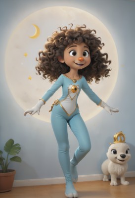 1girl,solo,long hair,smile,open mouth,brown hair,gloves,brown eyes,standing,full body,teeth,white gloves,dark skin,star (symbol),flat chest,dark-skinned female,bodysuit,night,animal,moon,crown,plant,child,full moon,curly hair,dog,potted plant,crescent moon,artist name,leaf,watermark,blue shirt,crescent,messy hair,wooden floor