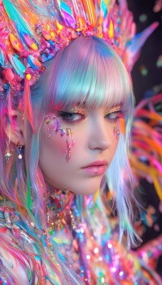 1girl,solo,long hair,looking at viewer,blush,bangs,hair ornament,jewelry,closed mouth,blue hair,upper body,pink hair,multicolored hair,earrings,blunt bangs,mole,blurry,black eyes,lips,grey eyes,eyelashes,aqua hair,gradient hair,makeup,depth of field,blurry background,piercing,crown,lipstick,gem,portrait,mole under mouth,eyeshadow,nose,eyeliner,colorful,mascara,rainbow hair,blue eyes,white hair,necklace,facial mark,crystal,pink lips