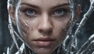 1girl, solo, looking at viewer, blue eyes, closed mouth, blurry, lips, eyelashes, portrait, close-up, science fiction, realistic, cable