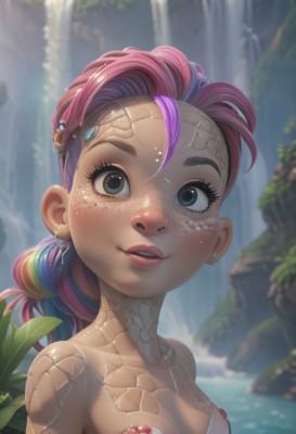 1girl,solo,long hair,breasts,looking at viewer,smile,hair ornament,cleavage,jewelry,medium breasts,nipples,collarbone,upper body,pink hair,purple hair,red hair,multicolored hair,earrings,small breasts,outdoors,parted lips,teeth,artist name,water,mole,blurry,black eyes,two-tone hair,lips,wet,grey eyes,mole under eye,blurry background,plant,monster girl,portrait,personification,freckles,scales,waterfall,blue eyes,blue hair,nude,streaked hair,eyelashes,nose