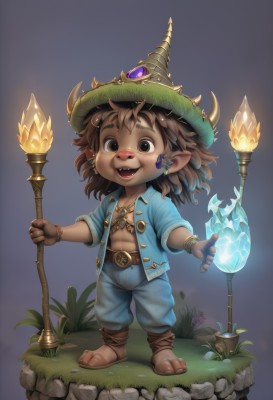 solo,looking at viewer,smile,open mouth,brown hair,1boy,hat,navel,holding,brown eyes,jewelry,standing,full body,male focus,earrings,open clothes,horns,pointy ears,belt,pants,dark skin,bracelet,witch hat,sandals,thick eyebrows,grass,staff,crystal,fantasy,holding staff,blue pants,magic,faux figurine,goblin,jacket,boots,barefoot,teeth,necklace,chibi,open shirt,fangs,piercing,abs,dark-skinned male,pectorals,gem,furry,topless male,furry male,brown fur,nose piercing