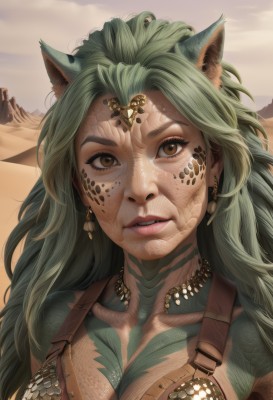 1girl,solo,long hair,breasts,looking at viewer,animal ears,cleavage,brown eyes,jewelry,collarbone,upper body,earrings,outdoors,parted lips,green hair,sky,teeth,day,artist name,cloud,necklace,armor,lips,tattoo,facial mark,slit pupils,portrait,freckles,scales,dirty,desert,medium breasts,cat ears,genderswap,genderswap (mtf),realistic