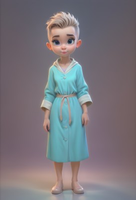 1girl,solo,looking at viewer,short hair,blue eyes,blonde hair,simple background,1boy,dress,standing,full body,male focus,shoes,lips,blue dress,child,freckles,male child,smile,brown hair,coat,aged down,robe