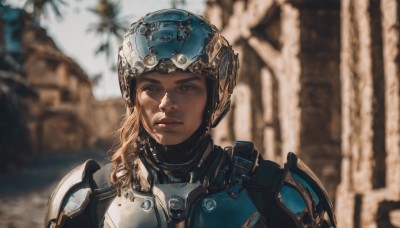 1girl,solo,long hair,looking at viewer,blue eyes,blonde hair,brown hair,closed mouth,upper body,outdoors,dark skin,medium hair,armor,blurry,dark-skinned female,lips,blurry background,helmet,shoulder armor,portrait,freckles,pauldrons,realistic,nose,power armor,science fiction