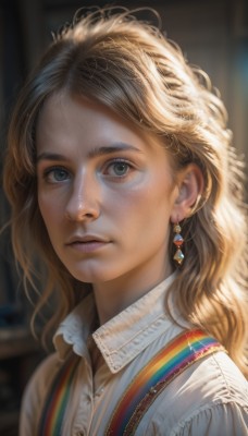 1girl,solo,long hair,looking at viewer,blue eyes,blonde hair,brown hair,shirt,jewelry,closed mouth,white shirt,upper body,earrings,collared shirt,blurry,lips,grey eyes,eyelashes,blurry background,wavy hair,suspenders,messy hair,portrait,freckles,curly hair,realistic,nose,rainbow,bangs,parted lips,artist name,depth of field,watermark,piercing,sunlight,thick eyebrows,forehead,light rays