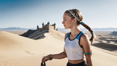 1girl,solo,long hair,breasts,blue eyes,brown hair,shirt,navel,bare shoulders,brown eyes,jewelry,collarbone,upper body,braid,small breasts,outdoors,sky,sleeveless,day,midriff,dark skin,bracelet,dark-skinned female,blue sky,lips,crop top,single braid,profile,beach,tank top,armlet,freckles,realistic,nose,hair tie,sand,castle,desert,smile,open mouth,holding,hairband,ocean,scenery,armband,dirty