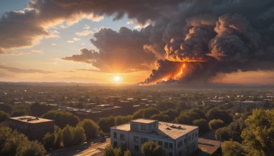 outdoors,sky,cloud,tree,no humans,sunlight,cloudy sky,fire,building,nature,scenery,forest,smoke,sunset,mountain,city,sun,road,cityscape,explosion,house,ocean,horizon,river,landscape