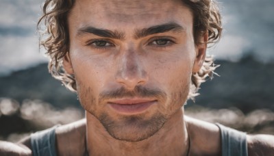 solo,looking at viewer,smile,short hair,brown hair,shirt,1boy,brown eyes,closed mouth,male focus,outdoors,sky,blurry,lips,depth of field,blurry background,facial hair,thick eyebrows,tank top,portrait,beard,close-up,realistic,mustache,stubble,cloud,looking to the side,cloudy sky,freckles,nose,manly