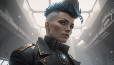 1girl,solo,looking at viewer,short hair,black hair,jewelry,closed mouth,blue hair,jacket,upper body,multicolored hair,earrings,artist name,dark skin,uniform,black eyes,two-tone hair,lips,streaked hair,grey eyes,military,makeup,portrait,science fiction,realistic,nose,stud earrings,undercut,mohawk,blue eyes,black jacket,military uniform,piercing,backlighting,high collar,very short hair