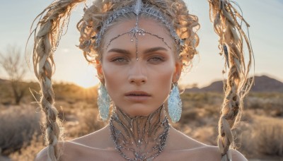 1girl,solo,long hair,looking at viewer,blonde hair,hair ornament,bare shoulders,twintails,jewelry,collarbone,braid,earrings,outdoors,parted lips,sky,day,artist name,necklace,mole,blurry,tree,lips,grey eyes,mole under eye,depth of field,blurry background,portrait,freckles,circlet,mountain,realistic,straight-on,mole on cheek,blue eyes,closed mouth,expressionless,sunlight,tiara,gem,backlighting,nose