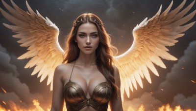 1girl,solo,long hair,breasts,looking at viewer,large breasts,brown hair,cleavage,bare shoulders,brown eyes,collarbone,upper body,parted lips,wings,sky,cloud,lips,cloudy sky,fire,feathered wings,angel wings,realistic,angel,embers,yellow wings,jewelry,medium breasts,earrings,tiara,crown,white wings,spread wings