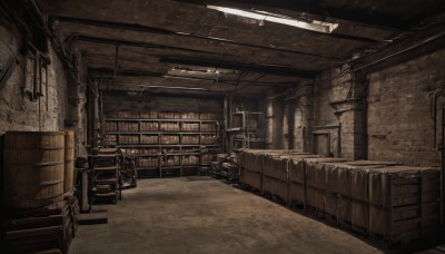 monochrome,indoors,book,no humans,window,chair,table,box,scenery,stairs,bookshelf,shelf,ladder,barrel,industrial pipe,crate,door,wall,brick wall,ceiling,wooden wall