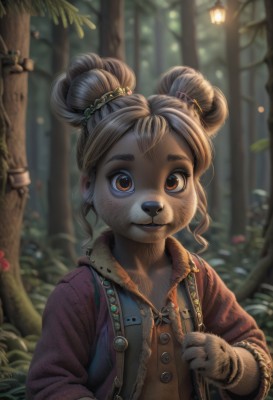 1girl,solo,looking at viewer,smile,short hair,brown hair,shirt,hair ornament,gloves,long sleeves,animal ears,brown eyes,jewelry,closed mouth,jacket,upper body,outdoors,open clothes,artist name,signature,hair bun,blurry,tree,fur trim,double bun,buttons,depth of field,blurry background,plant,child,nature,furry,forest,furry female,body fur,animal nose,brown fur,open mouth,parted lips,teeth,bag,vest,coat,brown gloves,freckles