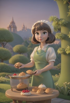 1girl,solo,looking at viewer,smile,short hair,bangs,brown hair,shirt,dress,holding,brown eyes,closed mouth,standing,white shirt,short sleeves,outdoors,food,sky,day,puffy sleeves,collared shirt,artist name,blurry,apron,tree,puffy short sleeves,lips,fruit,blurry background,bird,table,grass,building,plate,green dress,bread,castle,green apron,plant,cake,bush