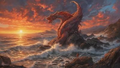 open mouth,tail,outdoors,wings,sky,teeth,cloud,water,no humans,ocean,cloudy sky,sharp teeth,scenery,1other,sunset,rock,mountain,fantasy,dragon,sun,scales,waves,ambiguous gender,molten rock,1boy,bird,monster,giant,orange sky,red sky