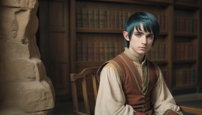 solo,looking at viewer,short hair,bangs,shirt,long sleeves,1boy,brown eyes,sitting,closed mouth,blue hair,white shirt,upper body,male focus,pointy ears,indoors,blurry,vest,lips,book,chair,realistic,bookshelf,brown vest,statue,library,blue eyes,green hair