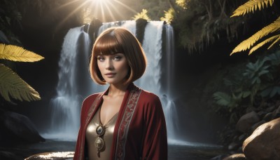 1girl,solo,breasts,looking at viewer,smile,short hair,bangs,brown hair,cleavage,brown eyes,jewelry,medium breasts,closed mouth,upper body,small breasts,outdoors,blunt bangs,water,necklace,tree,lips,leaf,sunlight,bob cut,plant,nature,pendant,light rays,rock,nose,waterfall,forest