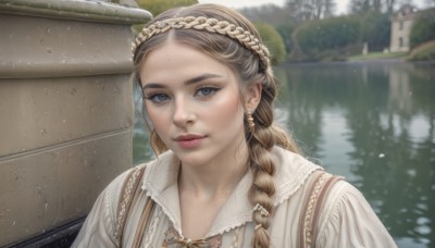 1girl,solo,long hair,looking at viewer,smile,blue eyes,brown hair,shirt,hair ornament,dress,brown eyes,jewelry,closed mouth,white shirt,upper body,braid,earrings,outdoors,day,water,blurry,twin braids,lips,grey eyes,blurry background,portrait,freckles,reflection,rain,realistic,nose,multiple braids,collarbone,hairband,white dress,eyelashes,depth of field