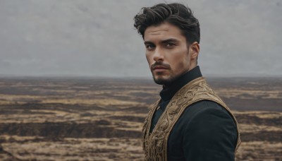 solo,looking at viewer,short hair,shirt,black hair,1boy,upper body,male focus,outdoors,parted lips,water,blurry,black eyes,vest,from side,black shirt,blurry background,facial hair,ocean,scar,beach,beard,realistic,stubble,grey sky,closed mouth,sky,day,cloud,lips,looking to the side,turtleneck,expressionless,cloudy sky,mustache,sand,horizon,undercut,waves,priest