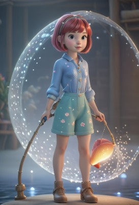 1girl,solo,looking at viewer,smile,short hair,bangs,shirt,long sleeves,holding,closed mouth,standing,full body,pink hair,flower,red hair,hairband,boots,shoes,shorts,collared shirt,indoors,water,blurry,lips,grey eyes,buttons,depth of field,blurry background,brown footwear,floral print,bob cut,blue shirt,child,sleeves rolled up,blue shorts,lantern,female child,lamp,jacket,black eyes,watermark,web address,freckles,fish,fishing rod