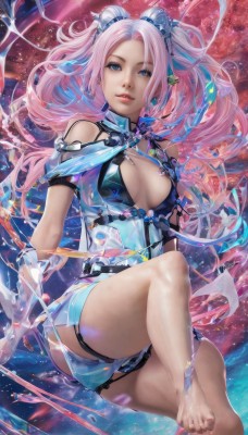 1girl,solo,long hair,breasts,looking at viewer,bangs,blue eyes,gloves,dress,cleavage,bare shoulders,twintails,jewelry,medium breasts,sitting,pink hair,multicolored hair,earrings,parted lips,barefoot,pointy ears,hair bun,feet,lips,parted bangs,clothing cutout,bare legs,double bun,thigh strap,toes,cleavage cutout,realistic,hair ornament,water,legs,soles