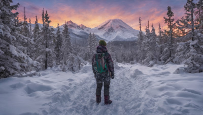 1girl, solo, standing, boots, outdoors, sky, pants, cloud, bag, from behind, tree, backpack, nature, scenery, snow, forest, mountain, winter clothes, winter, bare tree, footprints