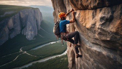 solo,shirt,1boy,short sleeves,male focus,outdoors,shoes,day,belt,pants,water,bag,ocean,black pants,backpack,helmet,blue shirt,t-shirt,scenery,rock,mountain,river,cliff,climbing,standing,sky,cloud,black footwear,mask,grass,waterfall,landscape,lake