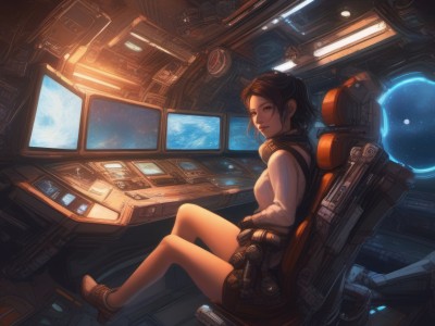 1girl,solo,breasts,looking at viewer,smile,short hair,brown hair,black hair,sitting,ponytail,boots,shorts,looking back,indoors,lips,chair,science fiction,realistic,cable,space,monitor,planet,spacecraft,spacesuit,cockpit,skirt,brown eyes,shoes,bare legs,window,headphones,computer,headphones around neck,keyboard (computer),screen