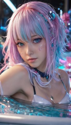 1girl,solo,long hair,breasts,looking at viewer,short hair,bangs,blue eyes,cleavage,bare shoulders,jewelry,medium breasts,closed mouth,blue hair,swimsuit,upper body,pink hair,bikini,multicolored hair,earrings,choker,artist name,medium hair,armpits,water,blurry,two-tone hair,lips,wet,eyelashes,aqua hair,makeup,depth of field,blurry background,white bikini,gem,partially submerged,realistic,nose,pool,mascara,hair ornament,hair between eyes,underwear,braid,small breasts,necklace,bra,streaked hair,facial mark,water drop