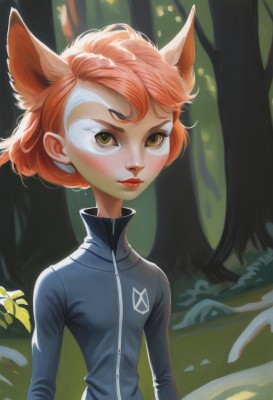 1girl,solo,breasts,looking at viewer,blush,short hair,long sleeves,animal ears,brown eyes,closed mouth,jacket,yellow eyes,upper body,red hair,small breasts,outdoors,artist name,orange hair,tree,lips,fox ears,makeup,nature,forest,freckles,red lips,cat ears,mole,eyelashes,mole under eye,extra ears,zipper,track jacket