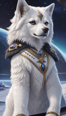 solo,brown eyes,jewelry,sky,signature,necklace,bracelet,fur trim,no humans,animal,brooch,gem,star (sky),starry sky,dog,space,animal focus,white fur,planet,wolf,earth (planet),red gemstone,fluffy,looking at viewer,sitting,yellow eyes,teeth,fangs,ring,night sky,realistic